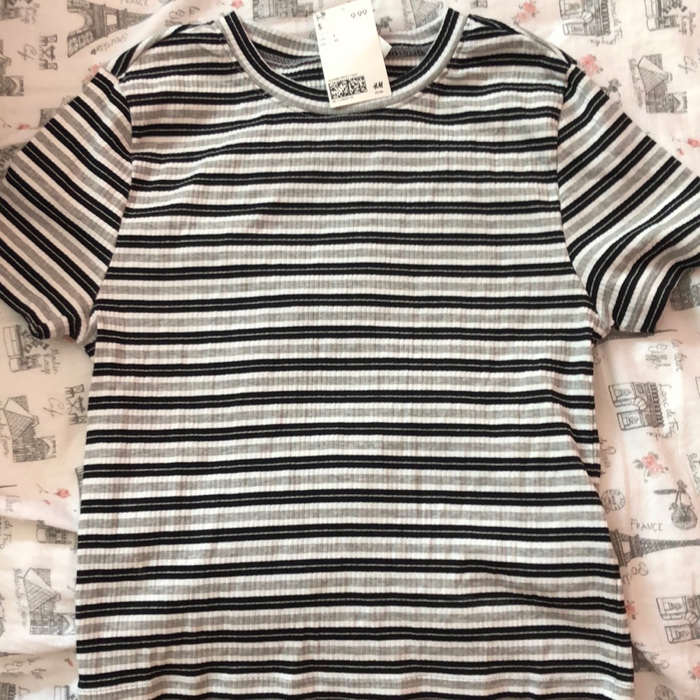 Black, white, and grey striped large shirt